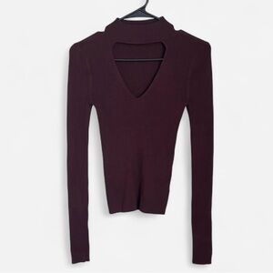 Burgundy Long Sleeve Ribbed, Cutout Maroon Stretchy Sweater from Express